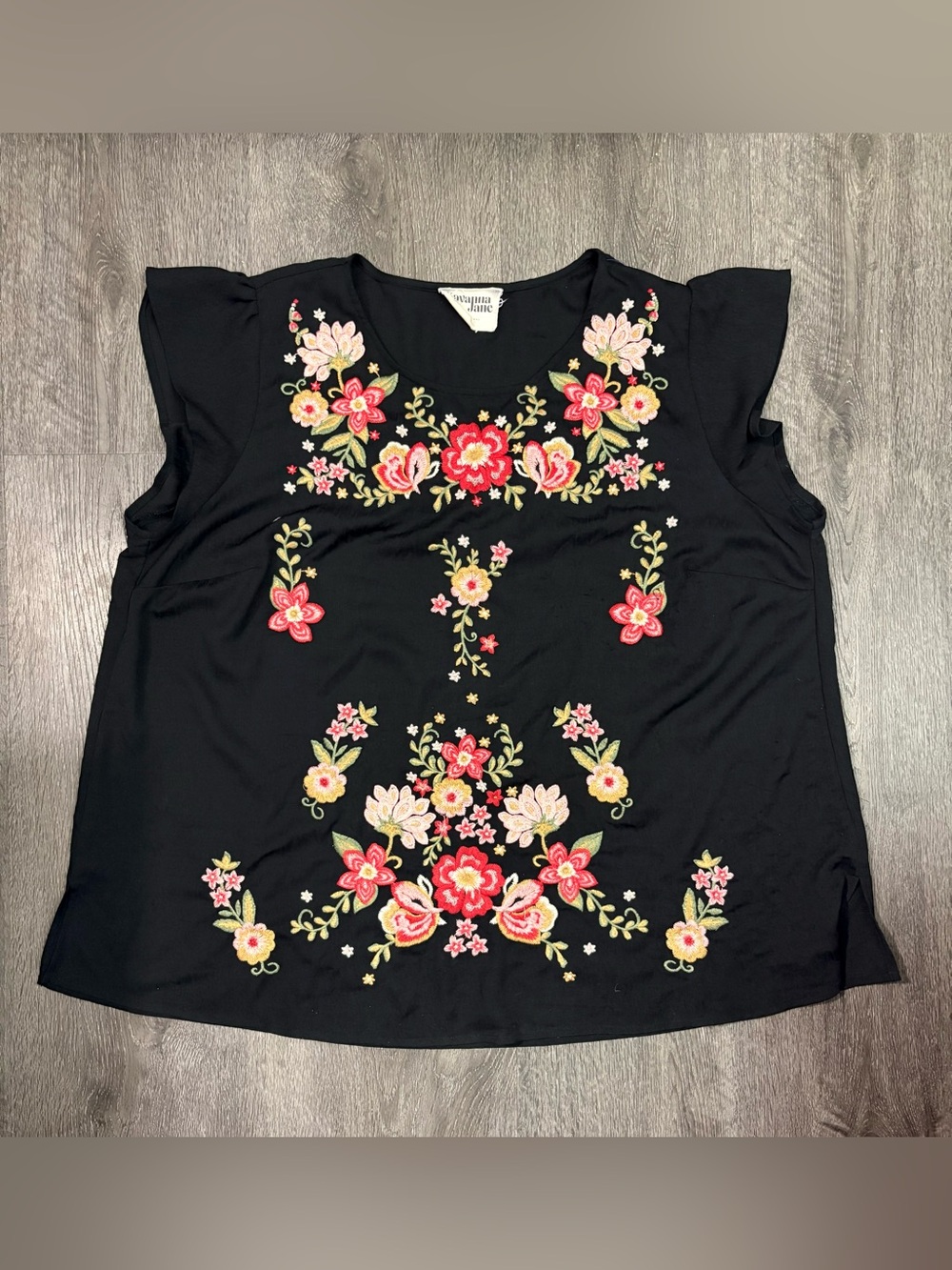 Savanna Jane Top Women’s 1X Black Blouse Embroidered Floral Boho Artsy Flowy - Picture 6 of 9